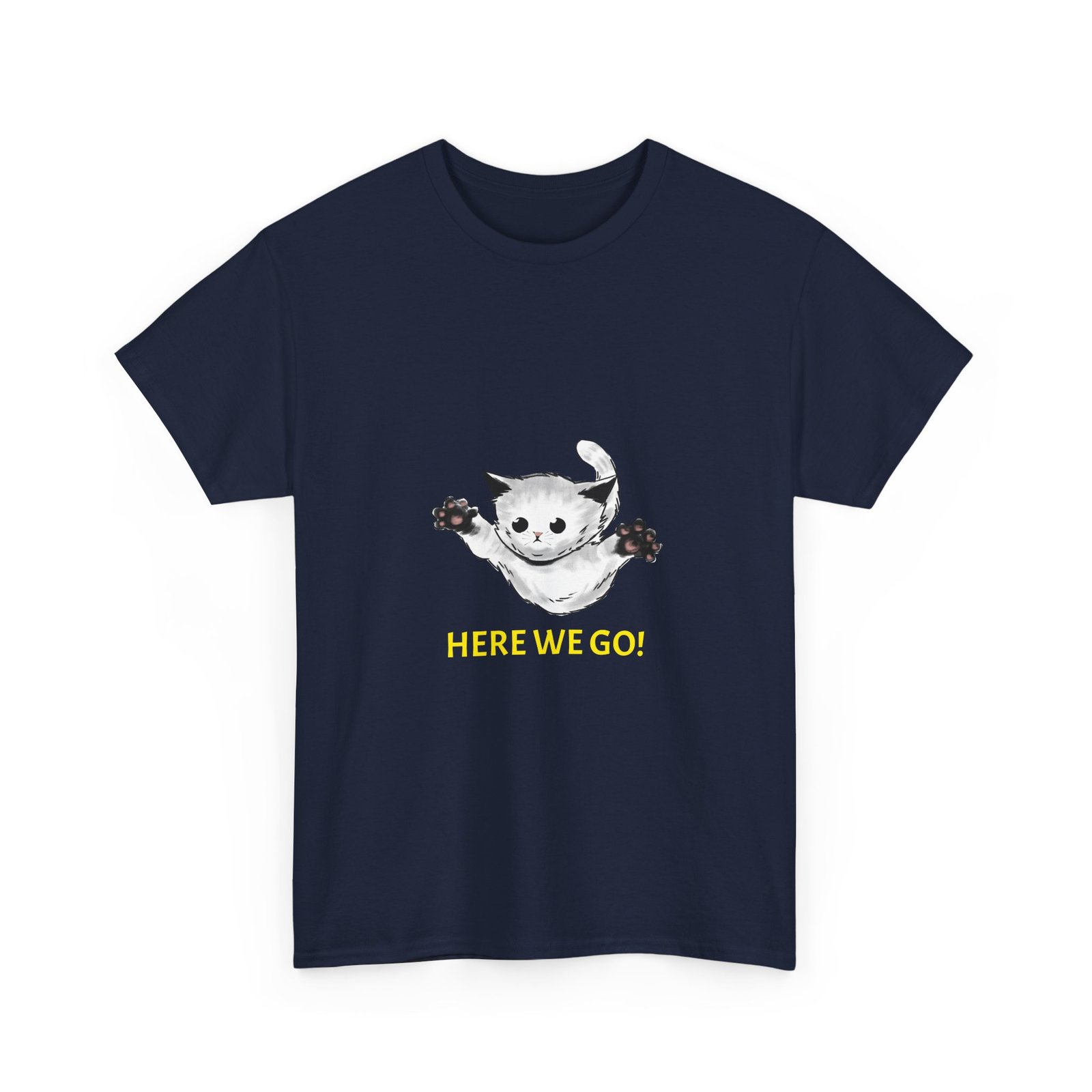 Playful Cat Illustration with "Here We Go" Text - T-shirt - Image 11