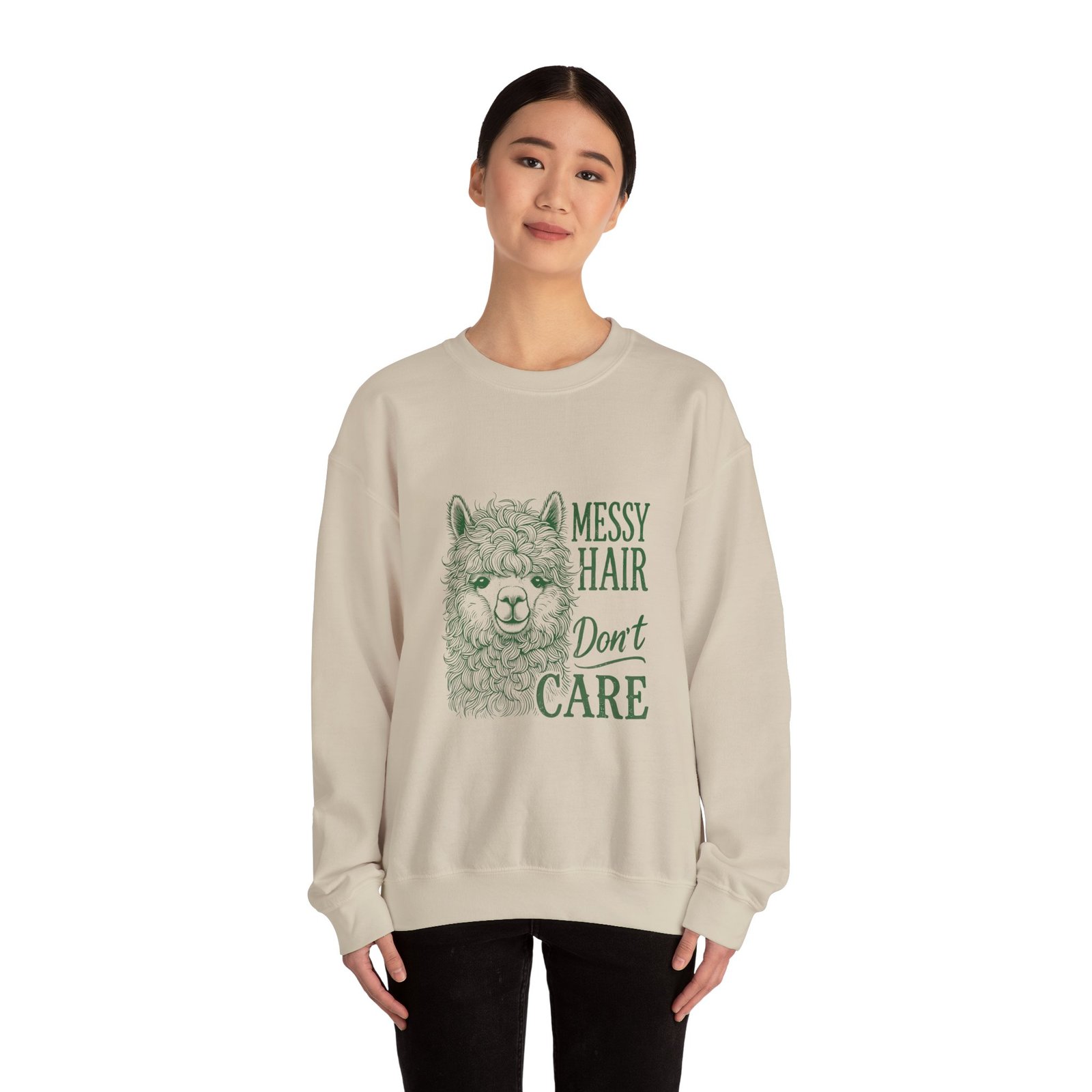 Messy Hair Don’t Care Green Llama Fun Graphic Design - Sweatshirt - Image 8
