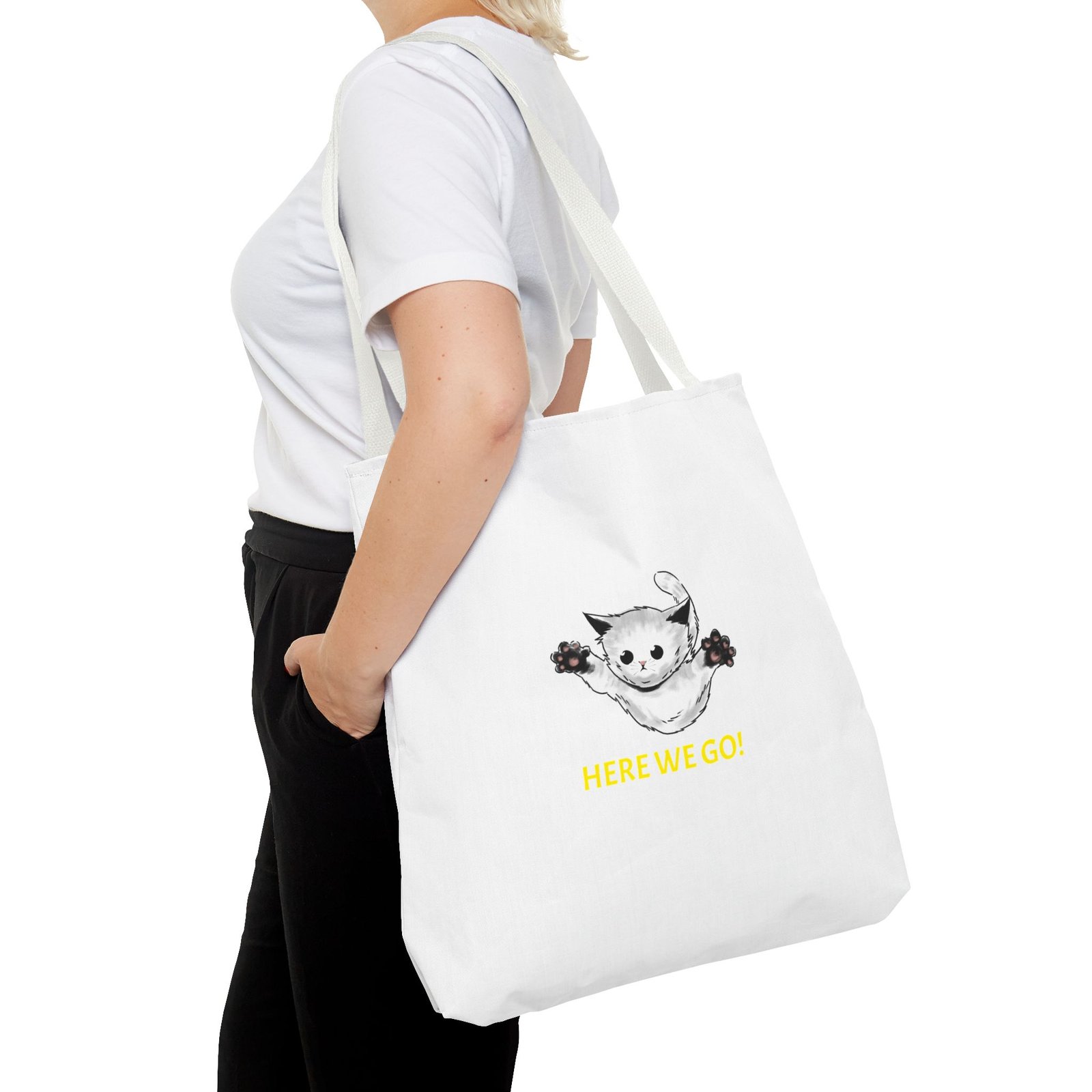 Playful Cat Illustration Featuring Cheerful "Here We Go" Slogan - Tote Bag - Image 12