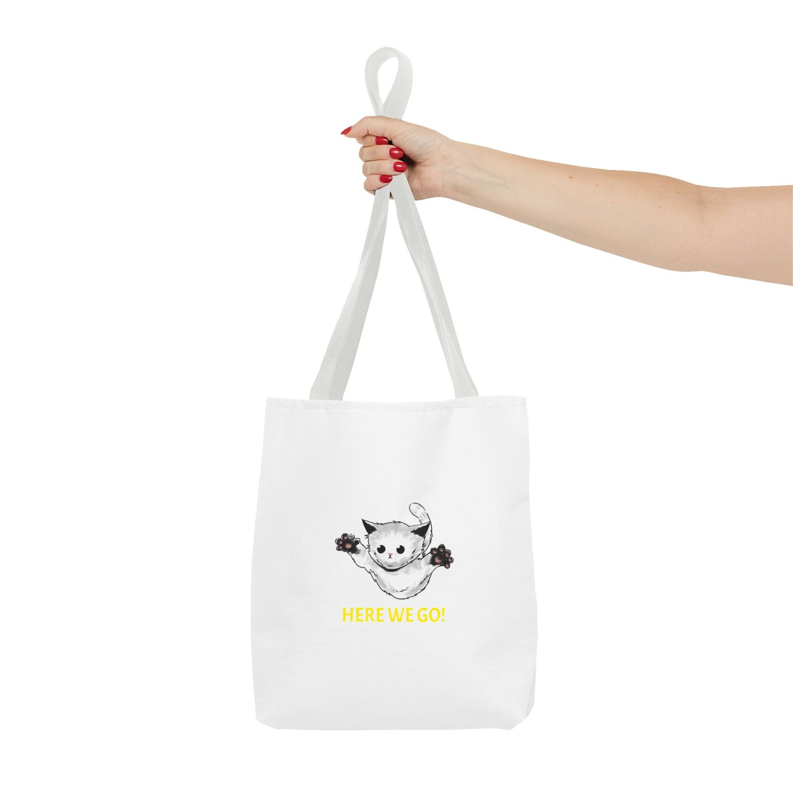 Playful Cat Illustration Featuring Cheerful "Here We Go" Slogan - Tote Bag - Image 4
