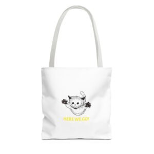 Playful Cat Illustration Featuring Cheerful "Here We Go" Slogan - Tote Bag