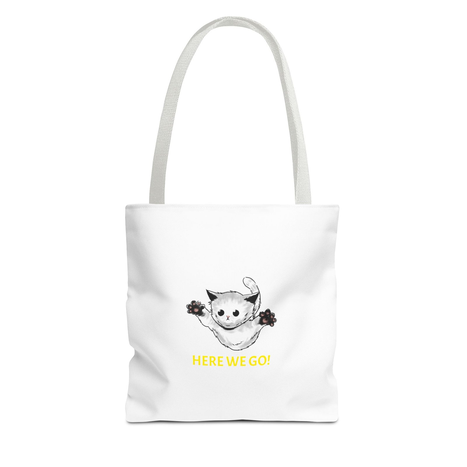 Playful Cat Illustration Featuring Cheerful "Here We Go" Slogan - Tote Bag
