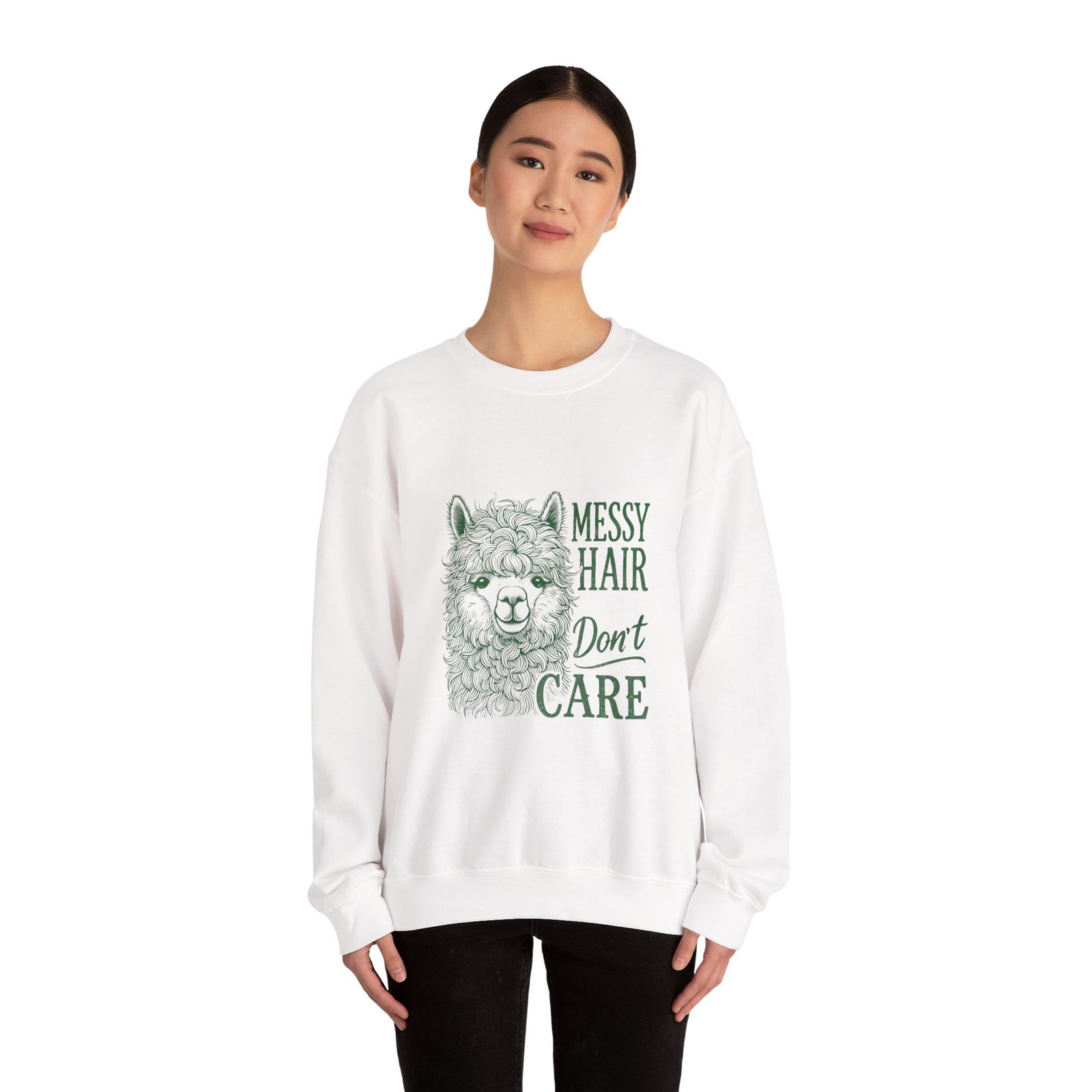 Messy Hair Don’t Care Green Llama Fun Graphic Design - Sweatshirt - Image 4