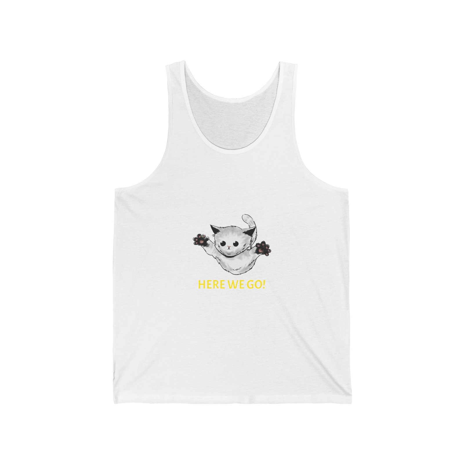 Playful Cat Illustration Featuring Cheerful "Here We Go" Slogan - Tank Top