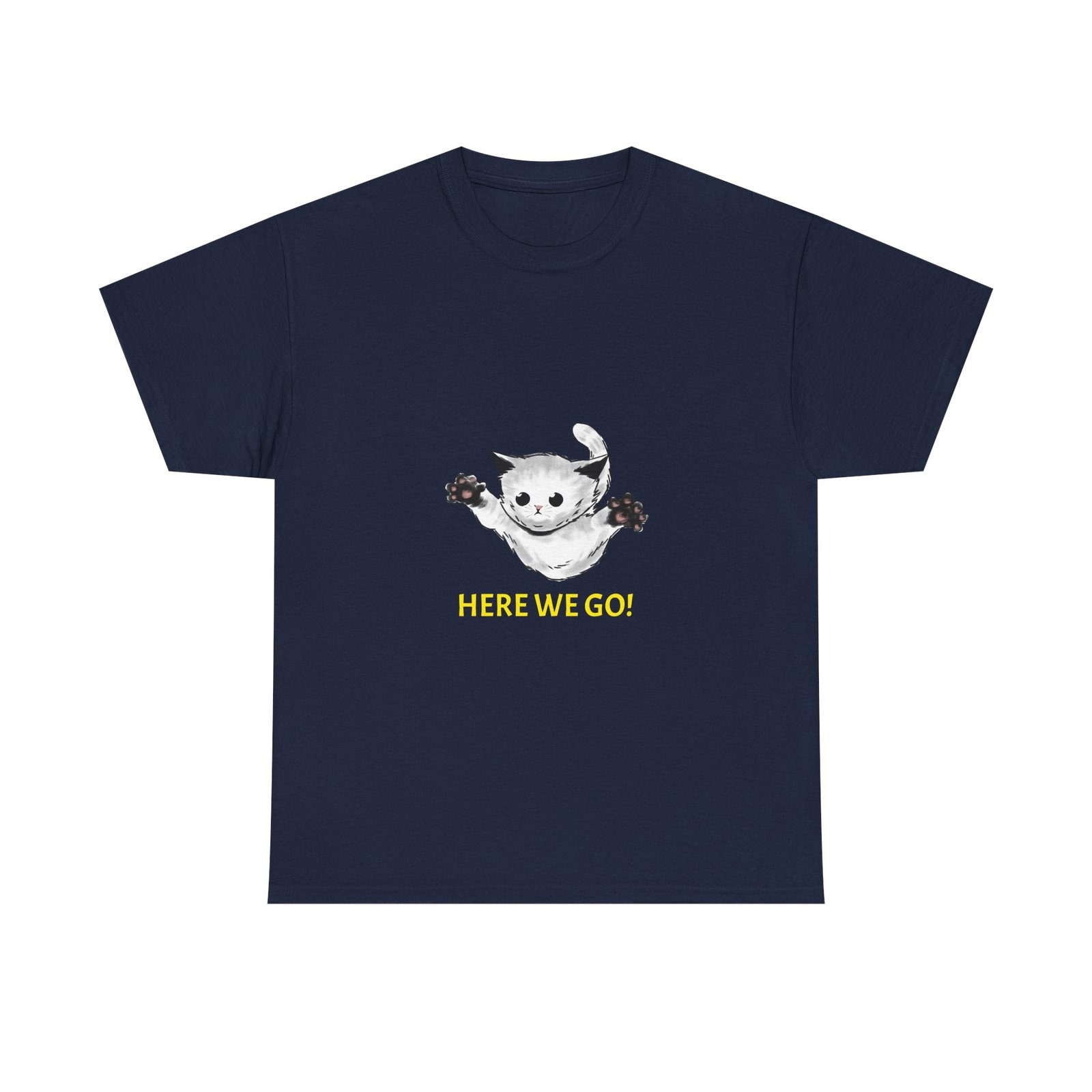 Playful Cat Illustration with "Here We Go" Text - T-shirt - Image 9