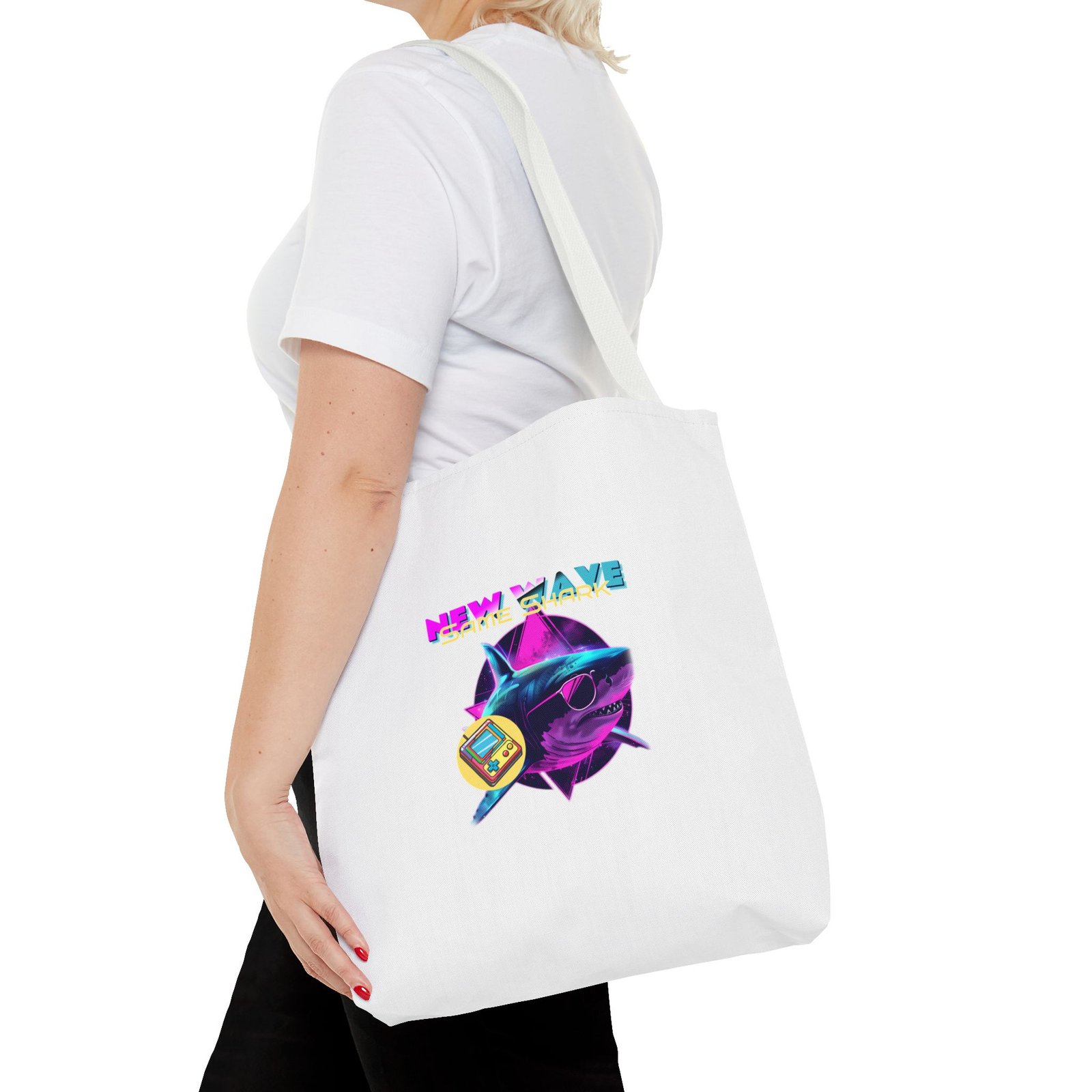 Retro New Wave Shark Graphic with Vibrant 80s Aesthetic - Tote Bag - Image 8