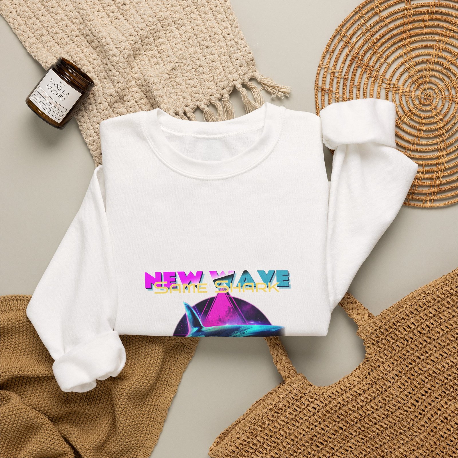 Retro New Wave Shark Graphic with Vibrant 80s Aesthetic - Sweatshirt - Image 4