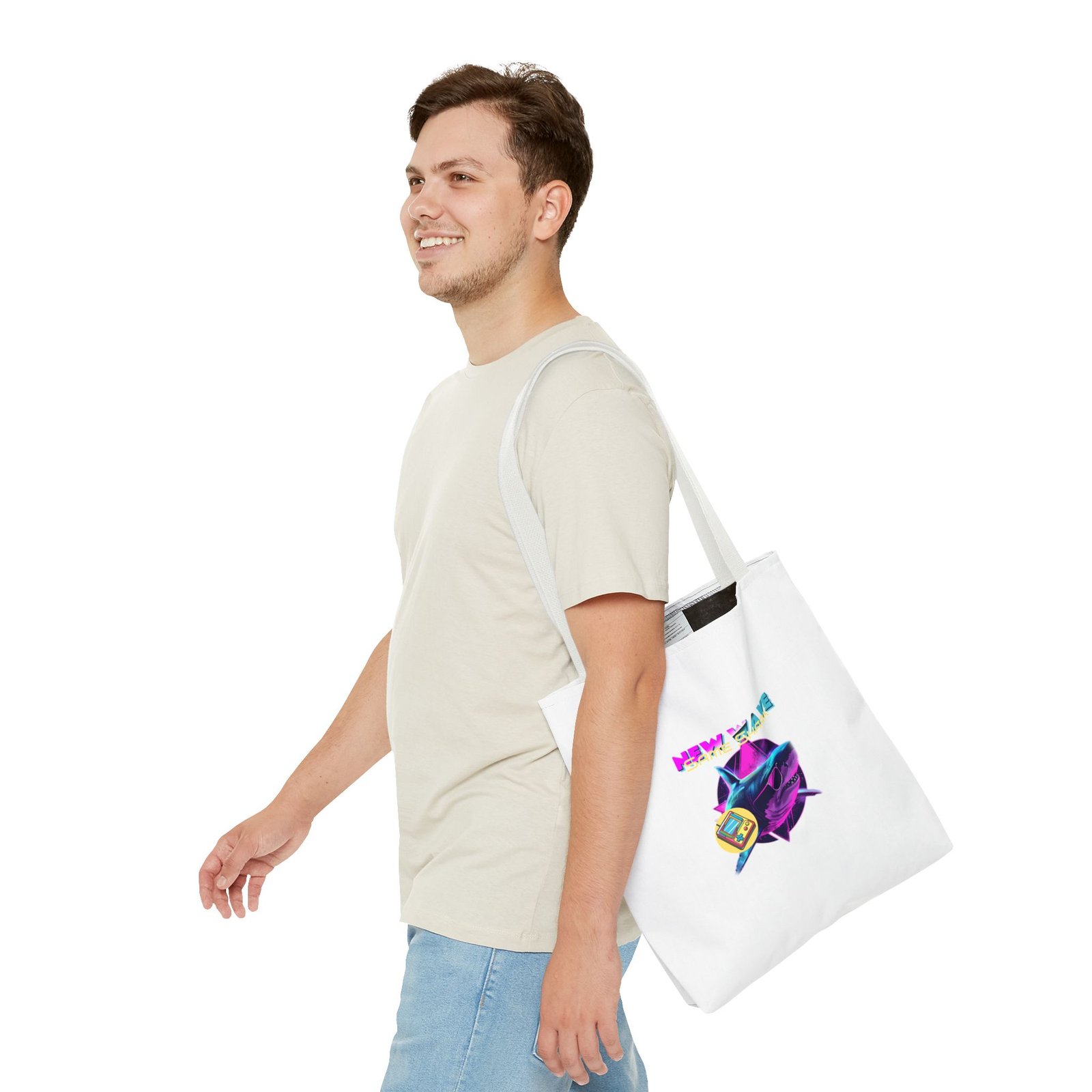 Retro New Wave Shark Graphic with Vibrant 80s Aesthetic - Tote Bag - Image 7