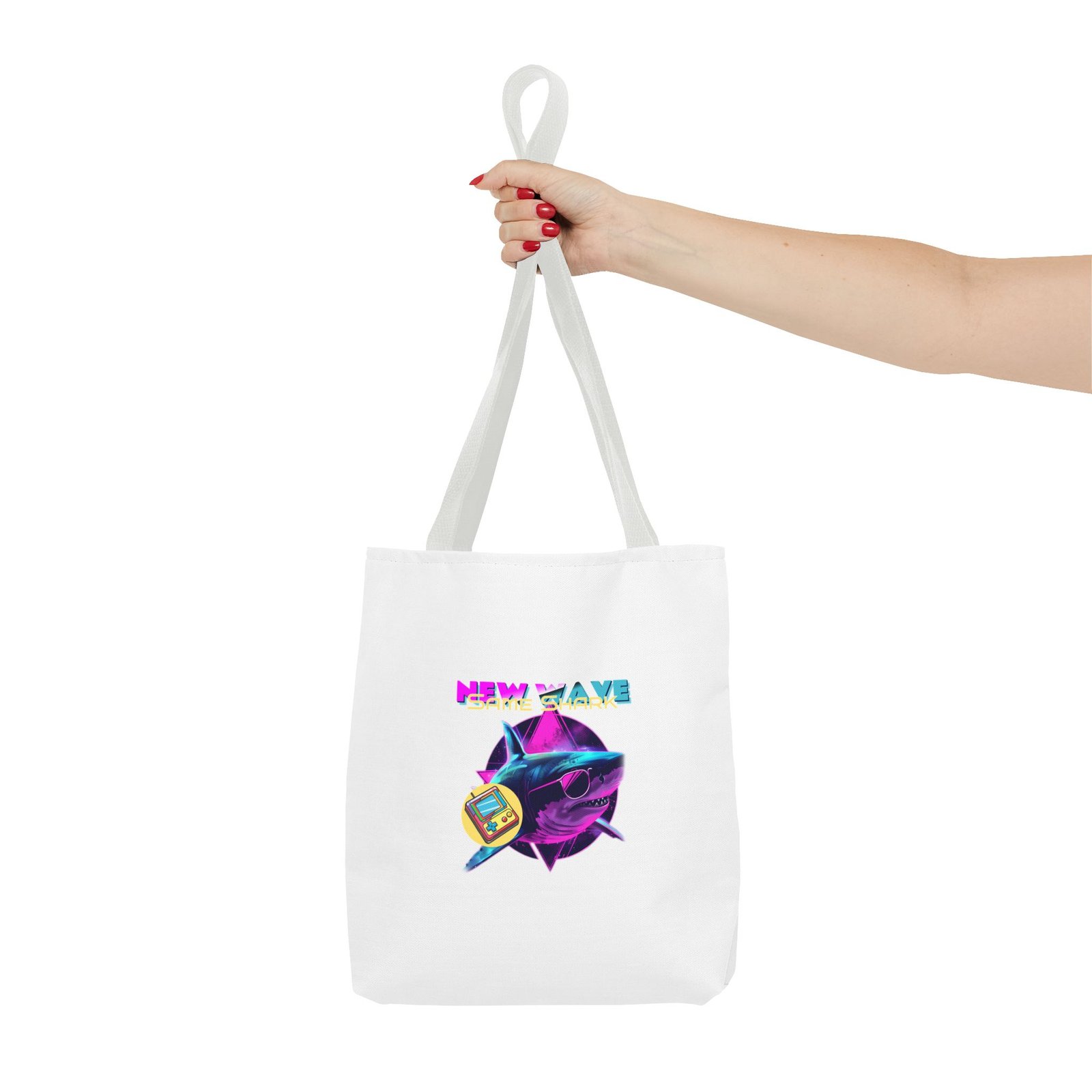 Retro New Wave Shark Graphic with Vibrant 80s Aesthetic - Tote Bag - Image 4