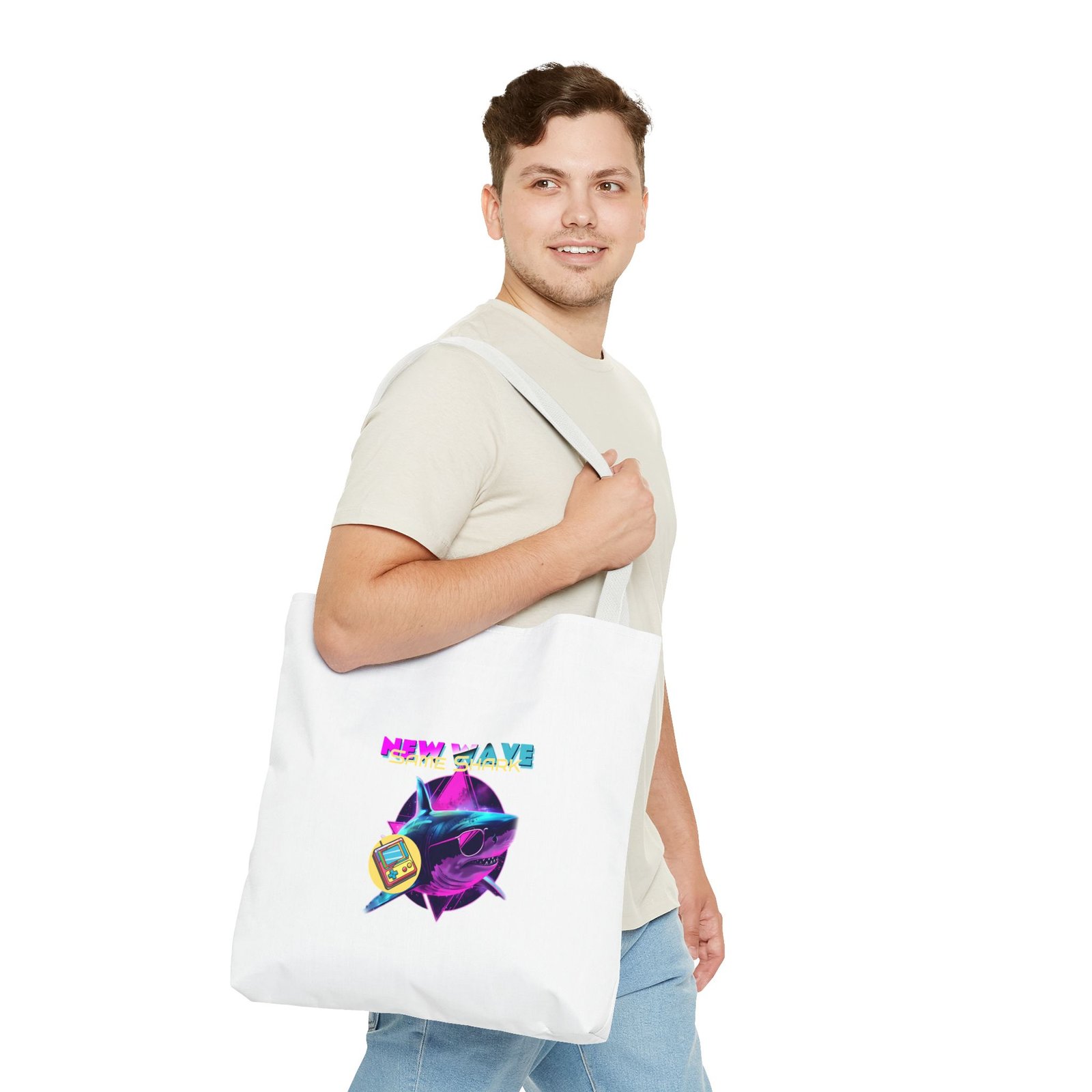 Retro New Wave Shark Graphic with Vibrant 80s Aesthetic - Tote Bag - Image 11