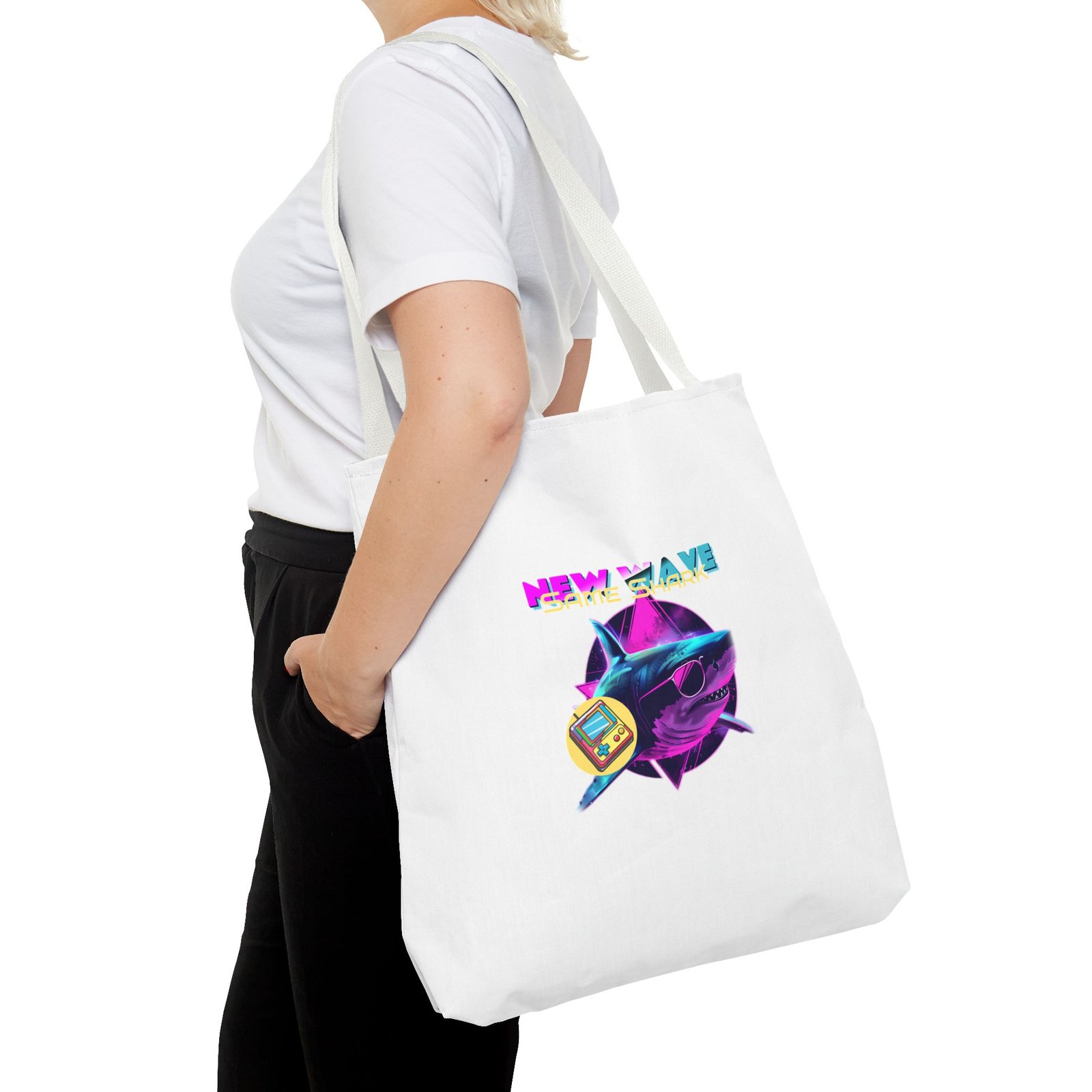 Retro New Wave Shark Graphic with Vibrant 80s Aesthetic - Tote Bag - Image 12